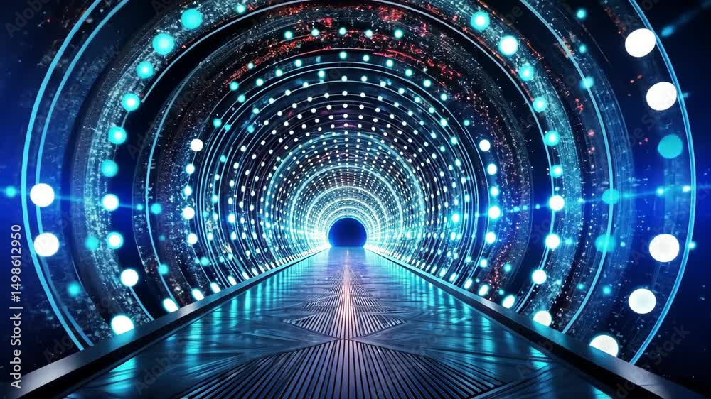 Hypnotic glowing circles and dots tunnel with shimmering pathway toward the dark unknown