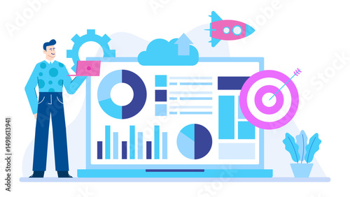 Man presenting business data on laptop suitable for financial presentations, entrepreneurship blogs, digital marketing concepts, technology websites, and financial reports.