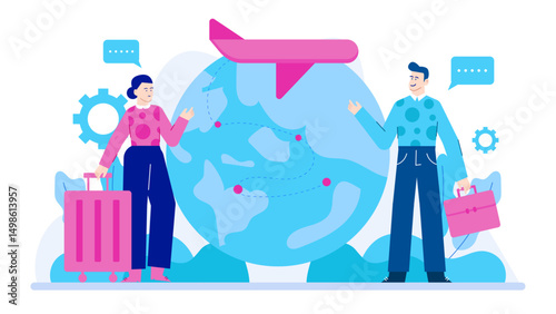Man and woman planning a trip around the globe. Suitable for travel agency promotions, vacation planning websites, and adventure themed content.