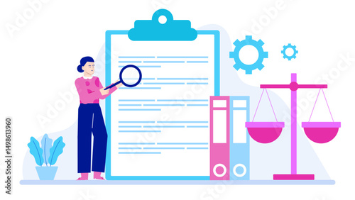 Woman uses a magnifying glass to inspect a document closely. Business analysis, research, detective work, investigating, examining documents concept.