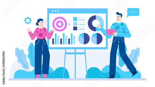 Two people near a whiteboard with graphs and charts. Suitable for business presentations, teamwork concepts, strategy planning illustrations.