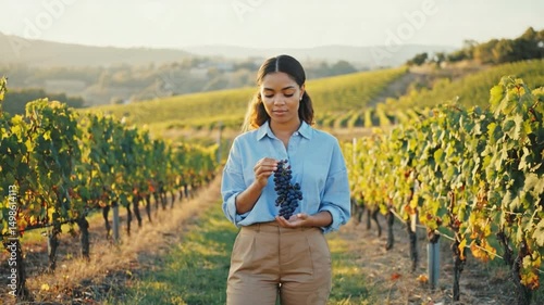 Vineyard Inspection: A young woman, her face filled with appreciation, examines a bunch of ripe grapes amidst the rolling hills of a sun-drenched vineyard, celebrating the essence of viticulture.