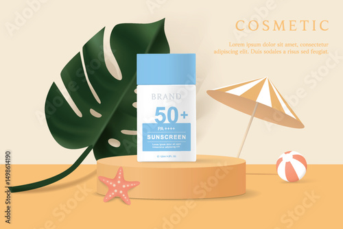 Sunscreen product ads template on yellow  background with  leaves.