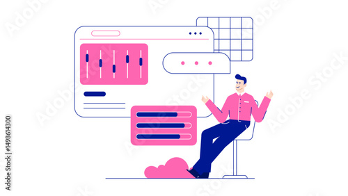 Man in a pink shirt presents a website design. Suitable for tech presentations, online business concepts, and digital marketing materials.