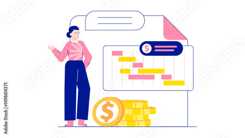 Woman pointing at a chart and gold coins, perfect for financial presentations, business reports, investment portfolios, moneysaving concepts.