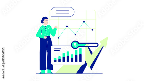 Businesswoman analyzing growth chart, suitable for financial presentations, marketing materials, business concepts, professional websites, and corporate brochures.