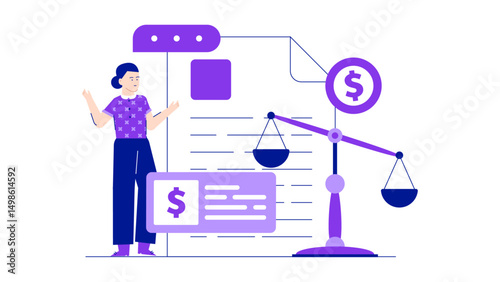 A woman near a document and a scale with money. Suitable for finance, business, legal, or economic concepts in design.