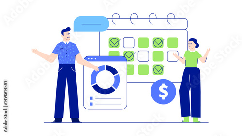 Business meeting analyzing financial data with a pie chart and calendar, discussing budget and revenue projections. Suitable for financial presentations.
