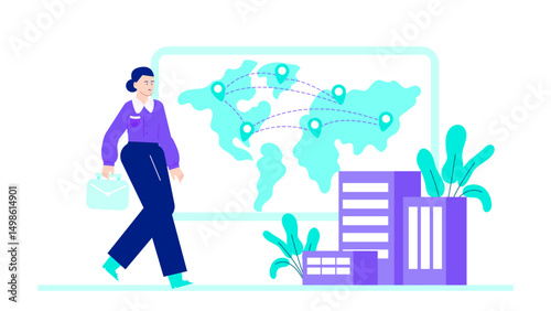 Professional woman walking with briefcase by building and map, suitable for business, travel, city life, career concepts in design.