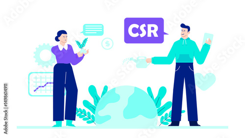 Man watering a plant with csr; ideal for environmental conservation concepts, sustainable business practices, corporate social responsibility presentations.