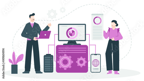 Two people by a computer and phone discussing work or collaborating. Ideal for illustrating teamwork, technology, communication, or office setting.