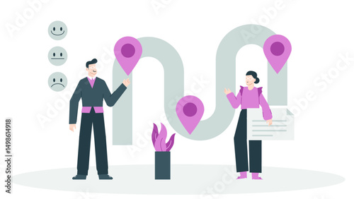 Two people near gray path with purple location markers-ideal for travel blogs, adventure websites, hiking guides, destination articles, and outdoor ads.