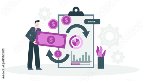 Businessman holds a bill of money near a budget sheet. Suitable for finance articles, business presentations, and investment promotions.