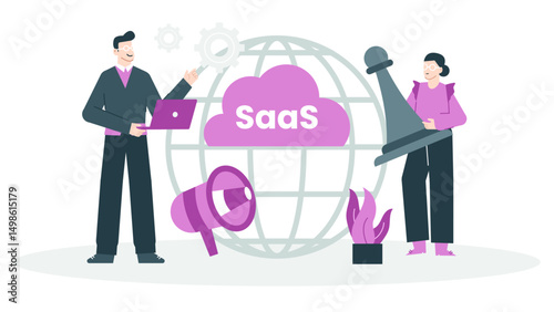SaaS concept showcasing teamwork, communication, global outreach, strategy. Ideal for technology and business websites, presentations, articles, and advertisements.