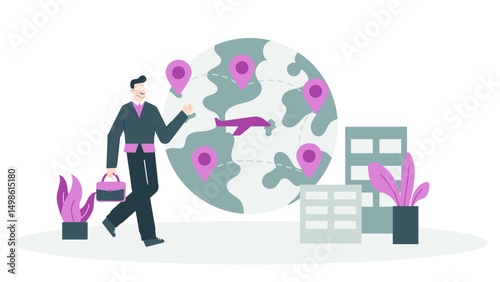 Man walking towards world map with plane flying, depicting travel, exploration, adventure, geography, vacation, wanderlust, global business presentation.