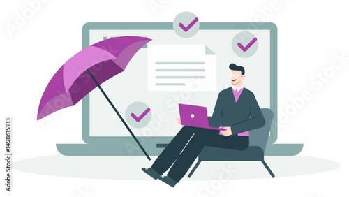 Man sitting under an umbrella with a laptop outdoors. digital nomad lifestyle with work from anywhere concept