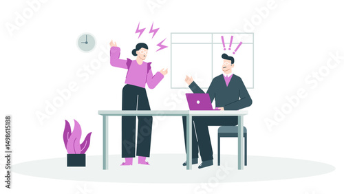 Woman angrily confronts man at a desk. Ideal for illustrating conflict, confrontation, argument, office politics, and relationship problems in business.