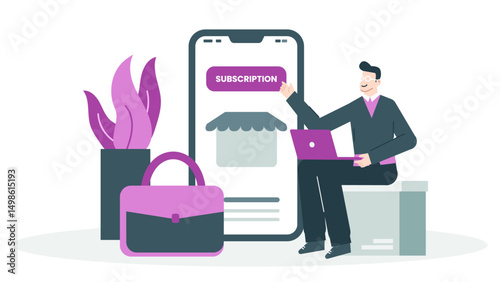 Man clicking subscription button on phone, suitable for digital marketing, online services, technology websites, mobile apps, subscription based businesses.