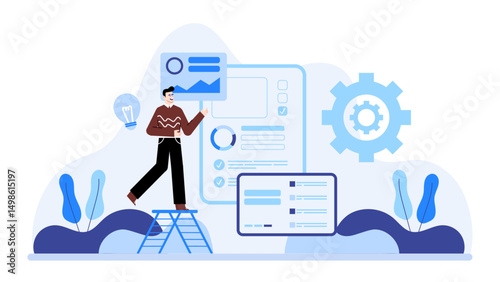 Man on ladder using tablet, suitable for construction or technology concepts, home improvement projects, instructional manuals, virtual meetings visuals.