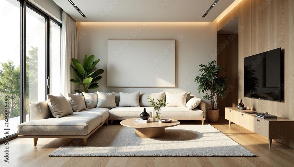 Fototapeta premium Modern minimalist living room with stylish furniture and decor , white, cozy, grey