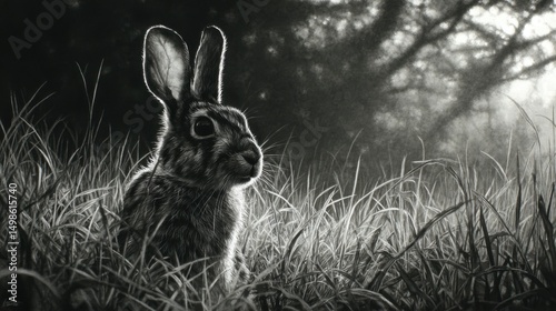 Realistic Black and White Portrait of a Rabbit in Tall Grass