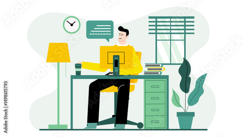 Man sitting at a desk with a computer, suitable for business, technology, work from home, office, freelance, programming concepts.