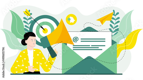 Person holding a megaphone aimed at an open envelope, great for announcements, communication, marketing, promotions, and business messaging visuals.