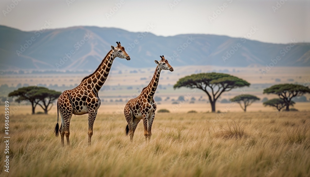 Obraz premium Two giraffes standing gracefully in tall grass with acacia trees and distant mountains in a serene savannah setting