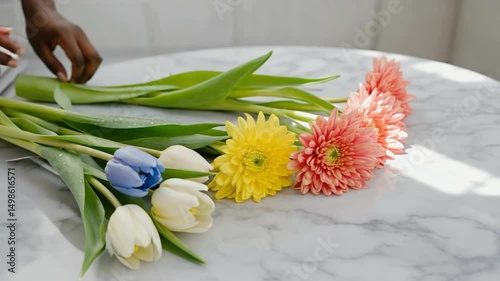 Floral Arrangement's Artistic Touch: A human hand delicately arranges a vibrant collection of fresh cut flowers, with a selection of tulips and other blooms.
