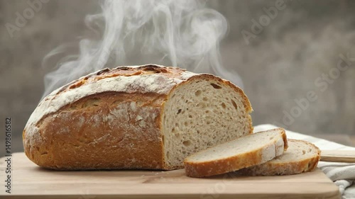 Warm bread with steam: Capturing the essence of freshly baked bread, radiating warmth with tendrils of inviting steam, inviting the viewer to savor the wholesome goodness of a comforting staple.