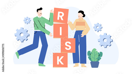 Two people build risk tower with blocks, symbolizing partnership and teamwork in facing challenges. Suitable for business and teamwork concepts.