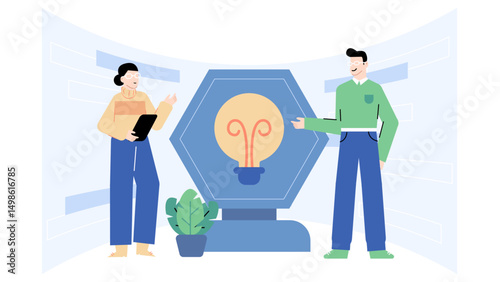 Two people stand near a large lightbulb illustration, representing teamwork, innovation, creativity. Suitable for business concepts, ideas, brainstorming.