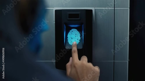 Fingerprint authentication: A person is using a modern fingerprint scanner, with a close-up view that emphasizes the technological process and the unique identification concept.