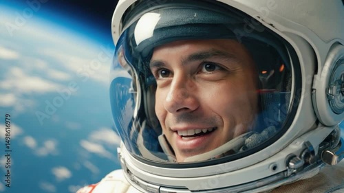 Smiling Astronaut in Space: An astronaut beams with joy against the backdrop of Earth, the helmet reflecting the awe-inspiring view, a testament to human exploration and achievement.