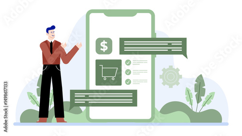 Man pointing at smartphone with shopping cart, dollar sign, check marks. Suitable for ecommerce, online shopping, digital marketing concepts.