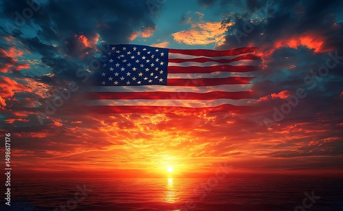 American flag sunset ocean dramatic sky patriotism