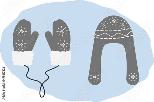 Warm Hat and fur mittens on rope with snowflakes ornament in grayscale Winter clothes Pictogram Set