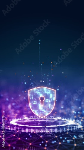 Motion graphic of Futuristic vertical animation of cybersecurity shield with glowing particles