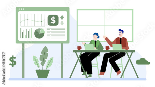 Ideal for business presentations, reports, teamwork concepts. Two colleagues at a desk with a whiteboard displaying graphs and charts.