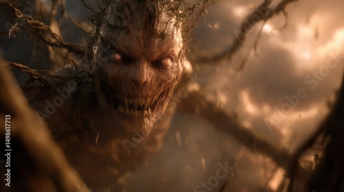 Dark Forest Creature with Twisted Roots and Menacing Expression