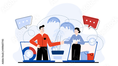 Two people shaking hands, using laptops for a business agreement. Suitable for concepts of partnership, collaboration, negotiation, and technology.
