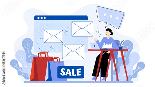 Woman in thoughtful pose at red table with laptop, speech bubble having three dots. Business, technology, communication concepts.