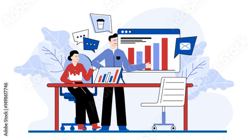 Illustration of two individuals analyzing a chart at a table. Ideal for business presentations, data analysis visuals, and financial reports.