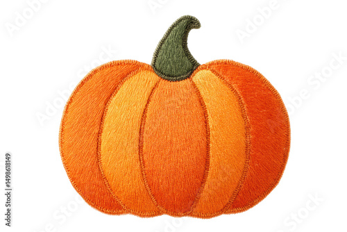 Vibrant orange pumpkin embroidery patch with green stem on black background, cut out