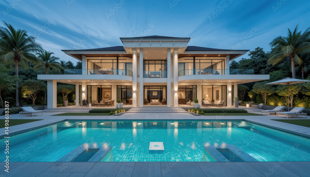 Fototapeta premium Modern backyard pool, patio, and lawn design 