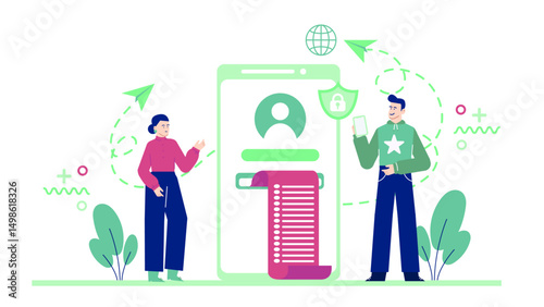 Two people by a large phone. Suitable for technology blogs, communication concepts, business presentations, and virtual receptionist services advertising.