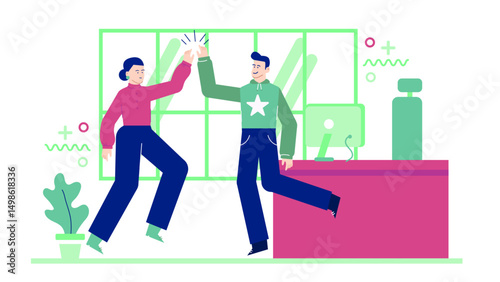 Two people high five in an office, suitable for teamwork, success, celebration, business, collaboration, partnership, office culture, motivation visuals.