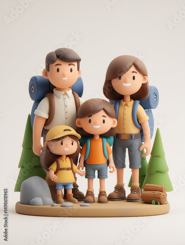 Cheerful Family Hiking Together with Backpacks and Smiling Expressions
