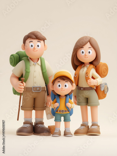 Cheerful Family Hiking Together with Backpacks and Smiling Expressions
