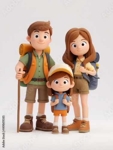 Cheerful Family Hiking Together with Backpacks and Smiling Expressions